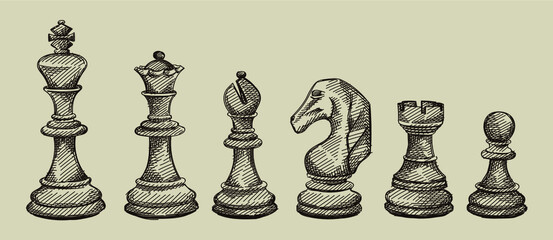 Hand-drawn sketch set of Chess pieces on a white background. Chess. Check mate. King, Queen, Bishop, Knight, Rook, Pawn	
