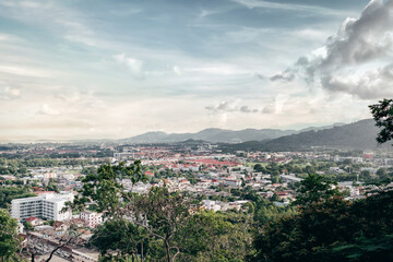Beautiful sunset over city on viewpoint khao rang,phuket,thailand