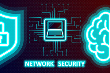 The inscription Network Security on a digital background with a digital brain, shield and lock - a symbol of protection