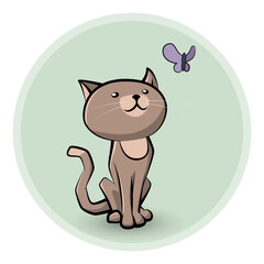 Vector cute cartoon cat looking at butterfly.