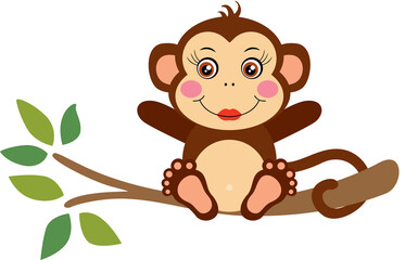Obraz premium Cute girl monkey sitting on tree branch 