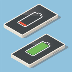 Isometric smartphone indicates low and full battery.