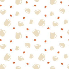 Seamless pattern with coffee beans. roasted coffee is scattered at random. Beige cups. Best for wrapping paper and child design. Vector illustration