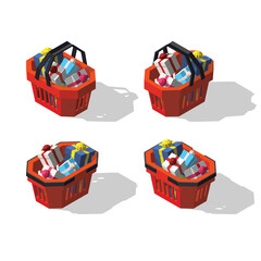 Isometric shopping supermarket basket with gifts. 