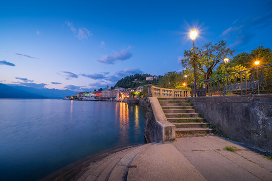 Beaufitul romantic scenery of Bellagio on Como lake in Lombardy northern Italy at the dusk blue hour