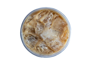 Top view of iced coffee in clear plastic cup on white background