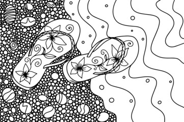 Coloring page flip flops on the beach, summer line vector illustration