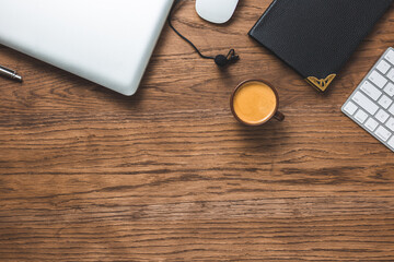 Business background concept. Flat lay composition with coffee, keyboard,.lapel microphone, notepad...