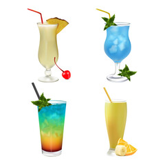 Set cocktails isolated on a white background. Сollection macro drink icons. Beverages pina colada, blue lagoon realistic style. Vector illustration 3D. Design elements.