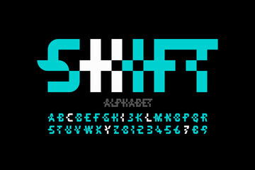 Shifted style modern font, alphabet letters and numbers