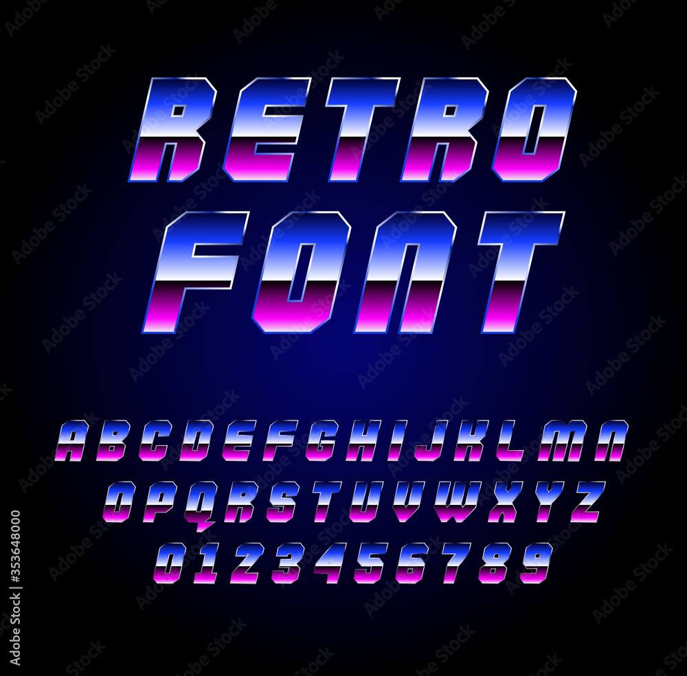 Poster shiny chrome alphabet in 80s retro sci-fi style. vector retro galaxy space font in the style of the 