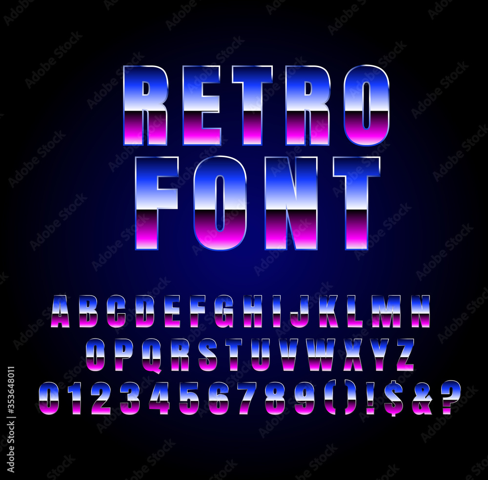 Poster shiny chrome alphabet in 80s retro sci-fi style. vector retro galaxy space font in the style of the 