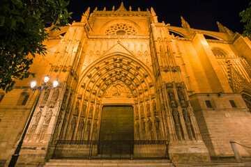 Obraz premium Night view of the spiers of the gothic cathedral of Seville, Spain.