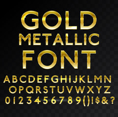 Gold metallic glossy vector font or gold style alphabet. Yellow metal typeface. Metallic golden abc, alphabet typographic luxury premium deluxe text effect isolated in transparent black background