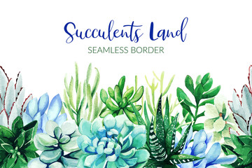 Fototapeta na wymiar Seamless border composed of green and blue succulent plants