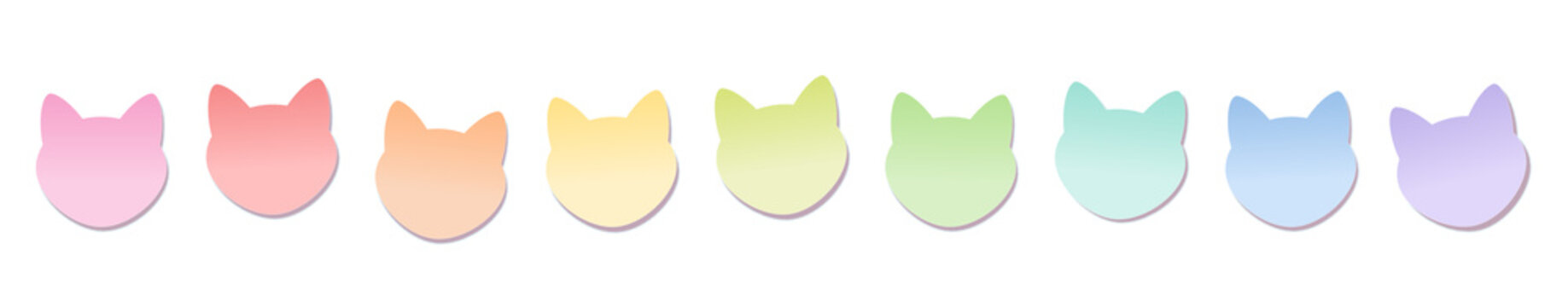 Cats head memos, colored sticky notes, rainbow colored set. Isolated vector illustration on white background.
