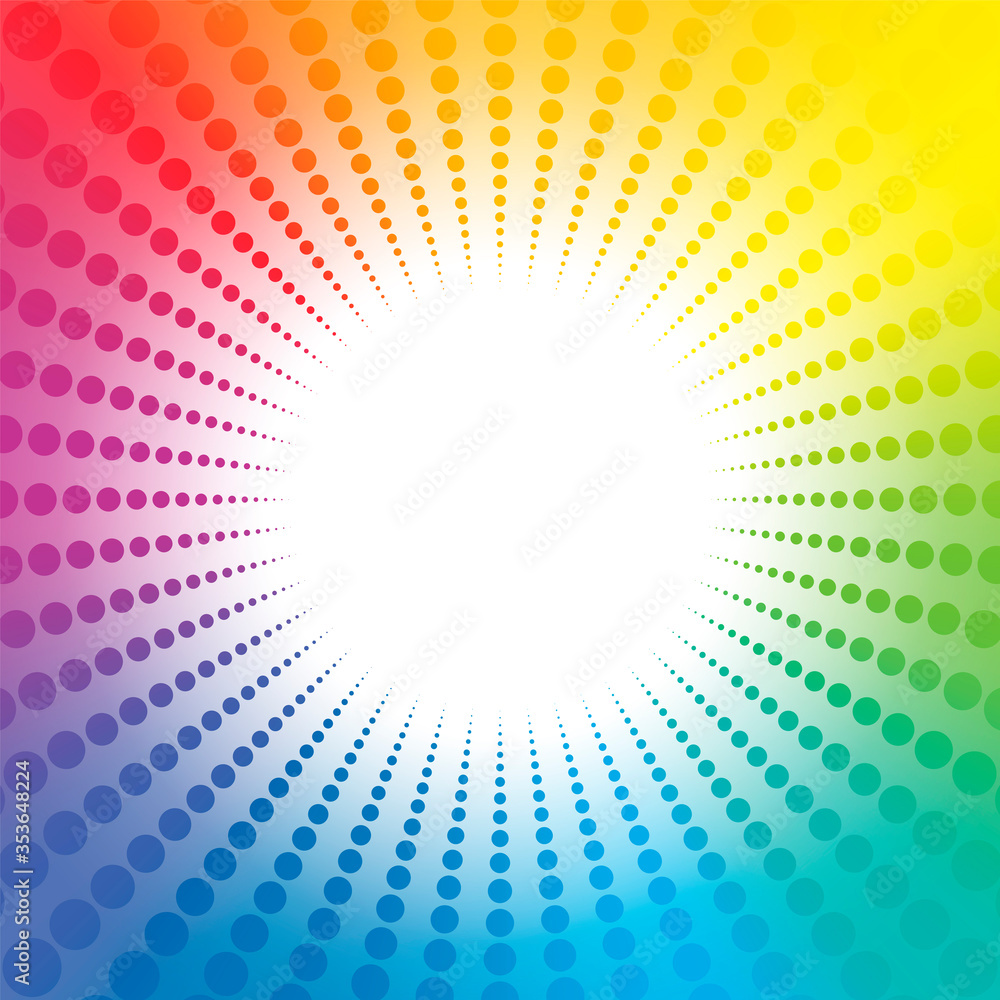 Aufkleber rainbow colored dot pattern background with white center. gradient spectral colored rays with light 