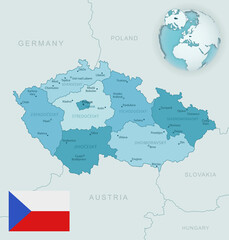Blue-green detailed map of Czech Republic administrative divisions with country flag and location on the globe. Vector illustration