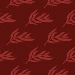 Fototapeta na wymiar Jungle plants silhouette leaves seamless pattern in red colors. Retro tropical leaf wallpaper.