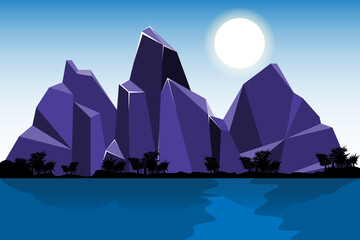 Views of mountains and sea reflect the sky and the sun. Created with vector used as background image