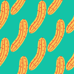 Abstract yellow cucumber seamless pattern on black background. Doodle cucumbers vegetable endless wallpaper.