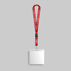 Mockup of blank square badge hanging on red lanyard realistic style