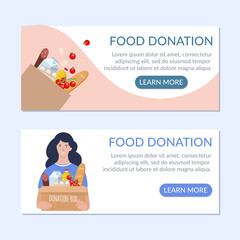 Donation and volunteers work concept vector illustration. Young woman carries a box of food. Can use for web banner, infographics, mobile app, landing page.