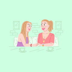Fototapeta premium MOM AND DAUGHTER IS DOING CONVERSATION IN A CAFE.