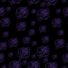 seamless pattern with flowers in purple color. Illustration on a black background.