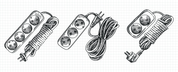Hand-drawn sketch of extension cord set. Set includes extension cord with 2, 3, and 4 outlets	