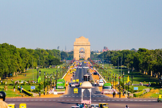 The Rajpath with India Gate in background situated in New Delhi, India. One of the most efficiently built road in the capital of India. Rajpath road connects India Gate & President's house of nation. 