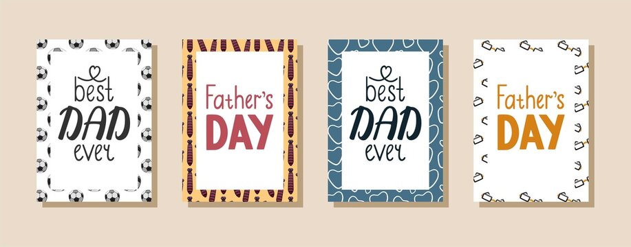 Set of greeting cards with letterings for Father's day. Design with football balls, neckties, hearts and glasses pattern.