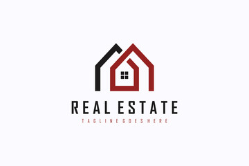 Fototapeta premium Real Estate Logo. Black and Red House Symbol Geometric Linear Style isolated on White Background. Usable for Construction Architecture Building Logo Design Template Element.
