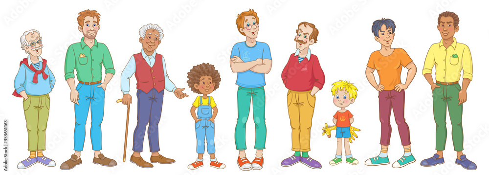 Sticker Multicultural group of happy men. Different ages and nationalities. In cartoon style. Isolated on white background. Vector illustration.