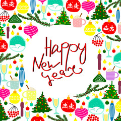 Obraz premium Vector New Year frame with lettering or place for text. Happy New Year text and decorative elements for winter holidays isolated on white background. Christmas tree, balls, candles, prosecco, berries