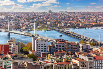 Halic Bridge and Ataturk Bridge between Karakoy and Fatih disctrits of Istanbul, Turkey, aerial view