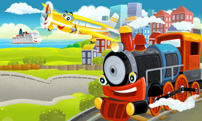 Cartoon funny looking steam train locomotive near the city with cars and plane flying by - illustration