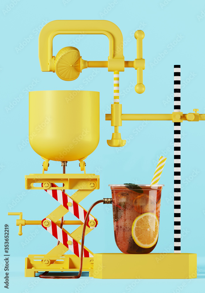 Poster creative beverage background for smoothie and drink presentation. ice lemon tea on podium with lemon