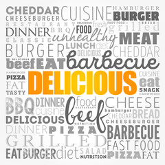 DELICIOUS word cloud collage, fast food concept background