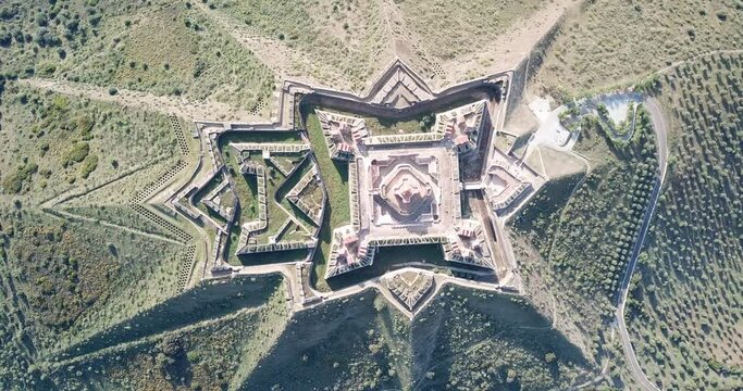 Aerial view of star-shaped fortification of Nossa Senhora da Graca Fort in village of Alcacova, Portalegre, Portugal