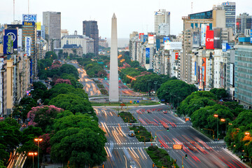 Aerial view of Obelisk and 9 de Julio Avenue at dusk, with car lights traces. Buenos Aires,...