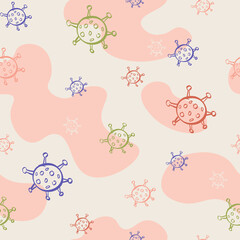 Coronavirus seamless pattern. Endless colored background with molecules of Covid-19. Hand-drawn backdrop. Epidemic, pandemic, disease, infection, danger, Wuhan virus, quarantine.
Vector illustration 