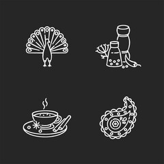 Indian culture chalk white icons set on black background. National animal. Peacock. Traditional cuisine. Masala chai. Paisley pattern. Spices and herbs. Food flavorings. Isolated vector chalkboard