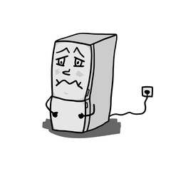 Funny angry fridge mascot. Cartoon design of an icebox character with sad face. Isolated vector drawing. Hand drawn doodle of refrigerator, comic illustration on white background.