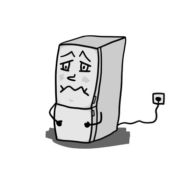 recommend clip art: Funny angry fridge mascot. Cartoon design of an icebox character with sad face. Isolated vector drawing. Hand drawn doodle of refrigerator, comic illustration on white background.