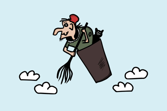 Baba Yaga witch flying with a black cat and a broom in a basket. Cartoon witch from russian fairy tales. Isolated vector drawing.
