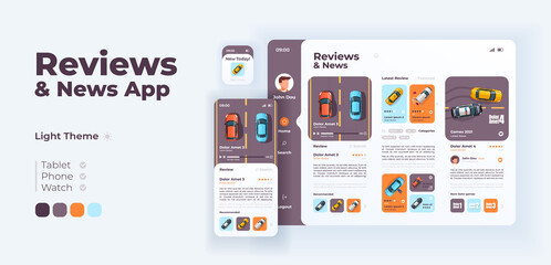Auto reviews and news app screen vector adaptive design template. Application day mode interface with flat illustrations. Car services, racing games ratings smartphone, tablet, smart watch cartoon UI
