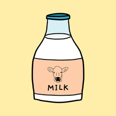 Glass cow milk bottle with a cow's head on label. Hand drawn cartoon illustration. Isolated vector drawing.