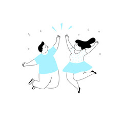 Young happy people men and women jump with hands up. Linear cartoon flat vector illustration.