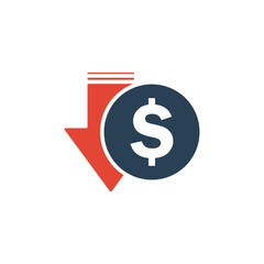 Dollar decrease icon. Money symbol with arrow fall down. Cost reduction icon. Vector illustration.